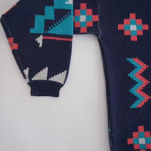 Vintage '80s B.E-Z Navy Teal Aztec Biggie Cosby Chunky Knit Crewneck Sweater L - Picture 8 of 9